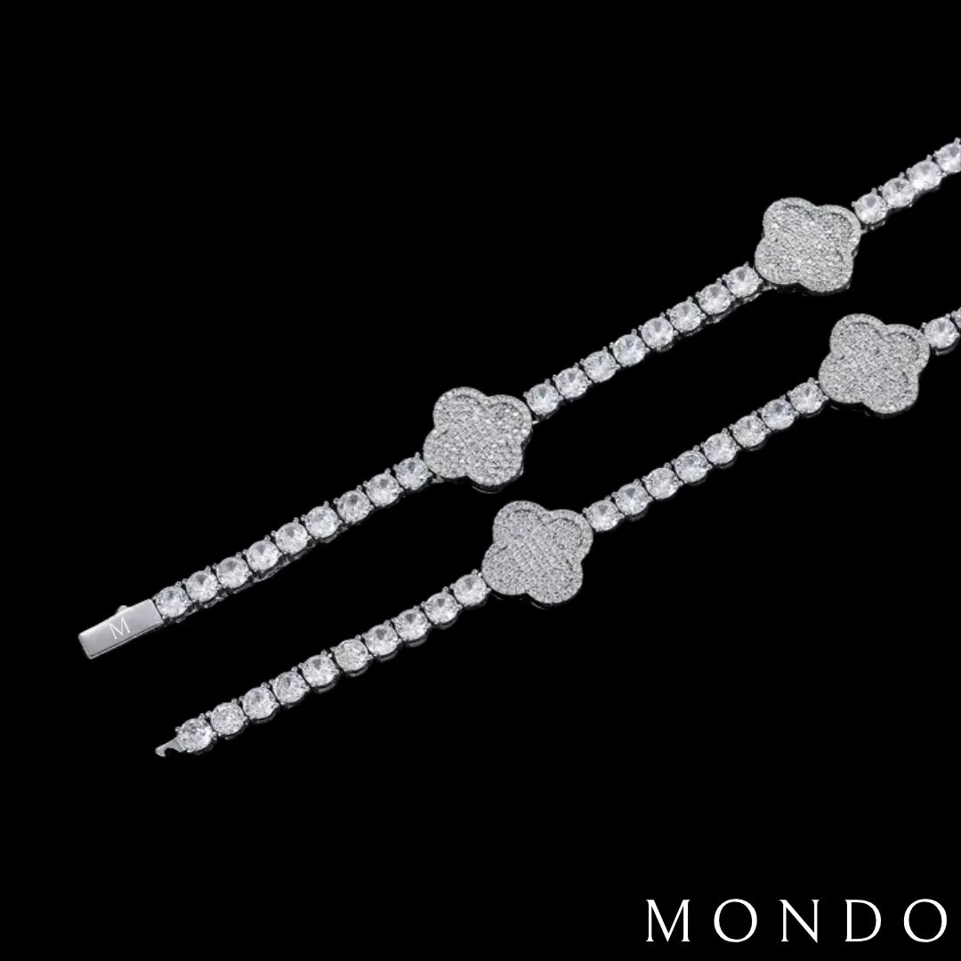 שרשרת טניס תלתן משובץ - זהב לבן