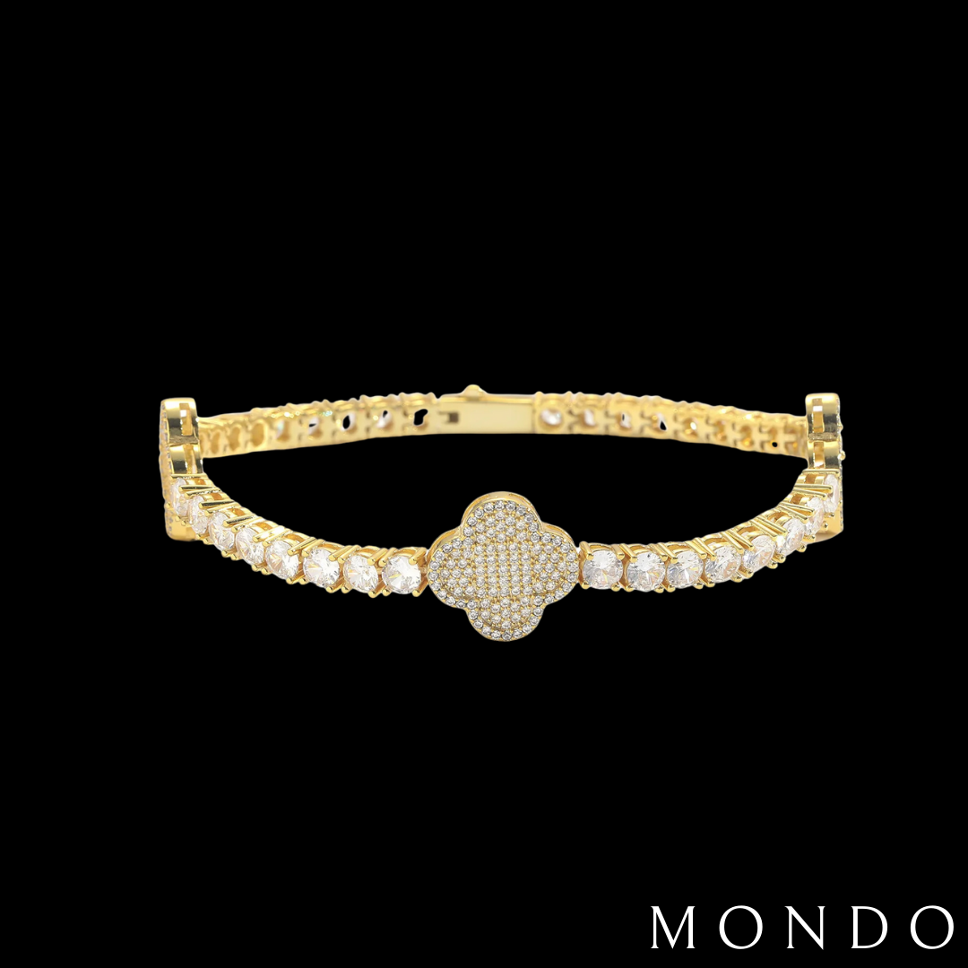 צמיד טניס תלתן משובץ - זהב לבן